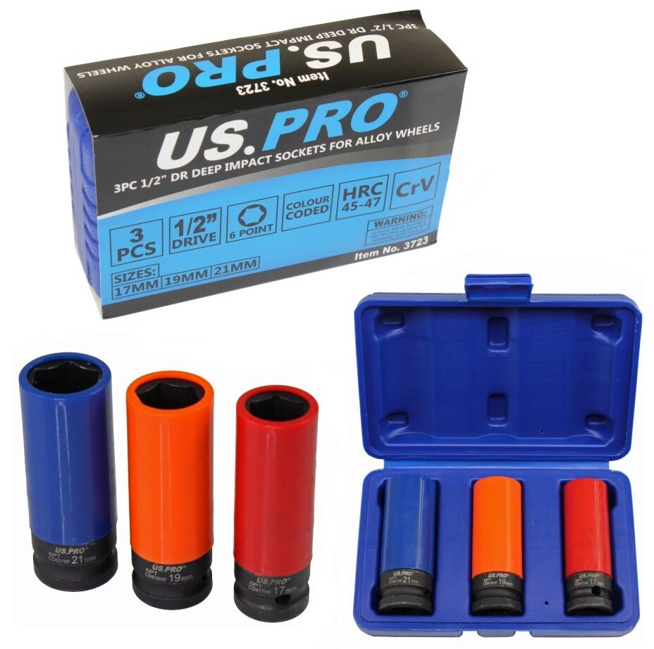 US Pro 3PC 1/2''Dr Deep Impact Sockets for Alloy Wheels 17 19 21mm Thin Wall - Image 3