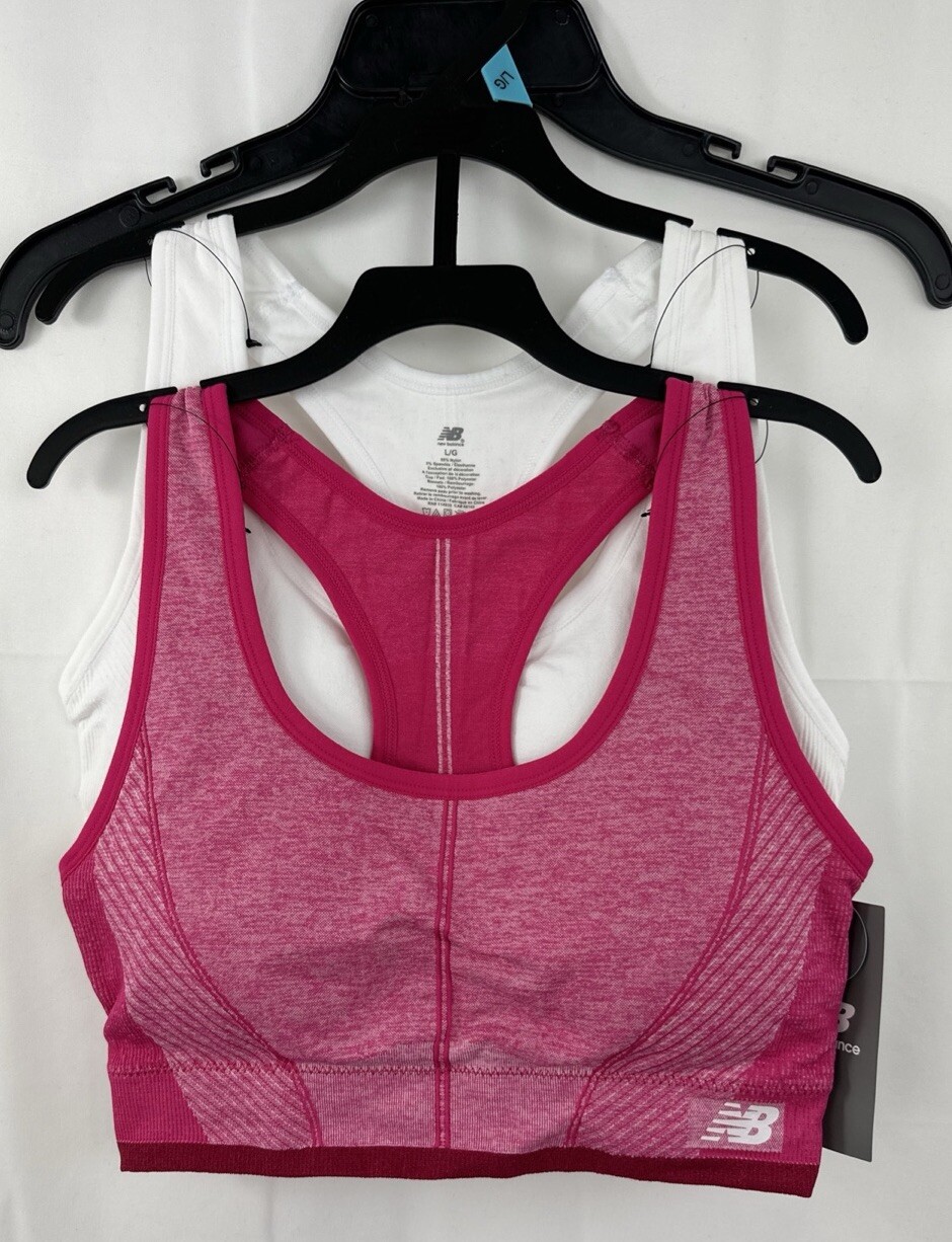 New Balance L Sports Bra 2 Pack Racerback Tagless Padded Carnival Pink & White