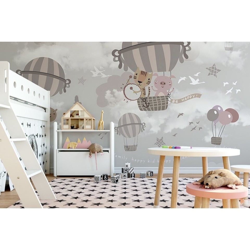 Soft Hot Air Balloon with Cartoon Animals Wallpaper Grey H114" x W204