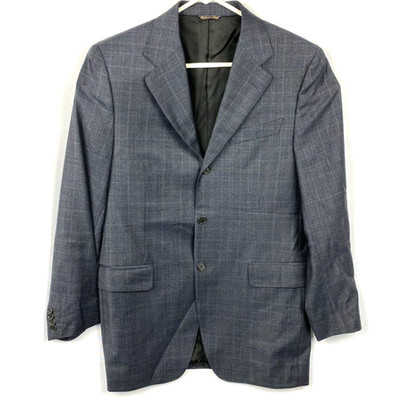 Trussini Mens 40 R Blazer 3-Button Suit Jacket Lana Super 120s Blue Plaid Italy