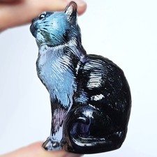 Mosser Sitting Cat Figurine ~ Midnight Blue Purple Black Slag ~ Made once RARE