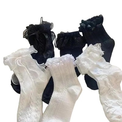 6 Pairs Floral Pattern Lace Trim Bows Ankle Socks Youthful Style Party Occasion