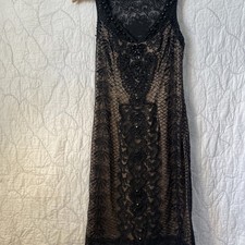 Sue Wong beaded tea length midi Straight Nude/ black dress Sz  2 $595