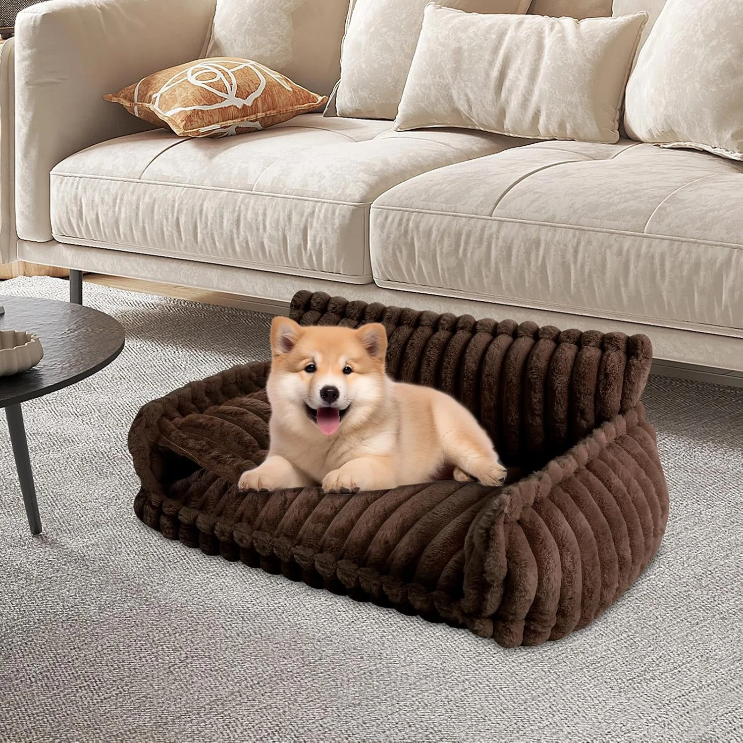 Deep Brown Dog Sofa Fluffy Cat Beds w/ Removable Washable Cover for Dogs & Cats