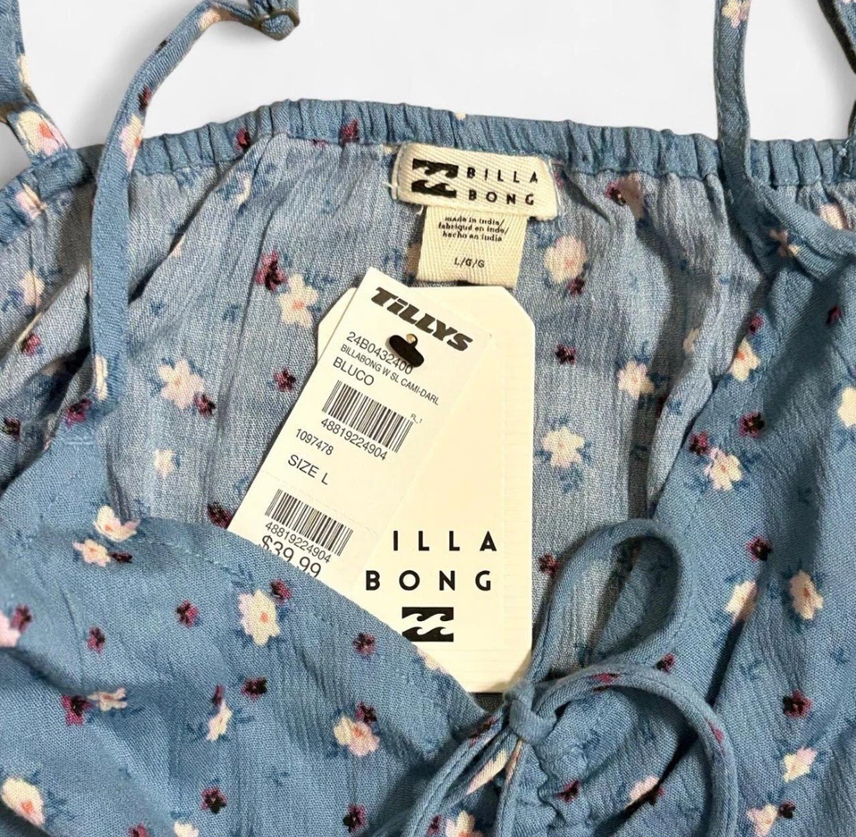 NWT Billabong Blue floral print cami top with lace up detail Size L - Image 2 of 3