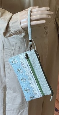 Hand Painted Yorkie Wristlet Cottagecore Shabby Chic Lace Fabric Zip Pouch