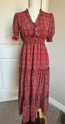 Max Studio Dress Womens XS Red Floral Boho V Neck Puff Sleeve Maxi Smocked Waist
