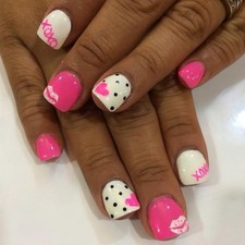 24pcs Valentines Press on Nails Short Square Cute Fake Almond, Pink