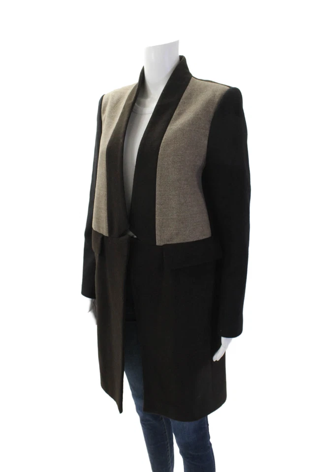 Chaqueta Larga Zara Mujer Colorblocked Bolsillo Frente Abierto Marrón Talla L Foto 2 de 4