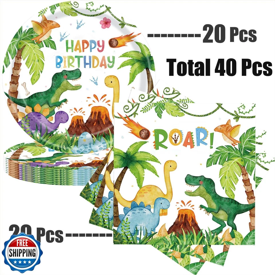 40 Piezas Platos y Servilletas de Dinosaurio, Acuarela Dinosaurio Fiesta de Cumpleaños Suministro Foto 3 de 4