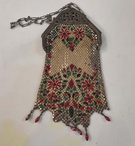 Antique Mandalian Mfg. Co. Enamel Mesh Purse c. 1920s Art Deco Flapper Handbag