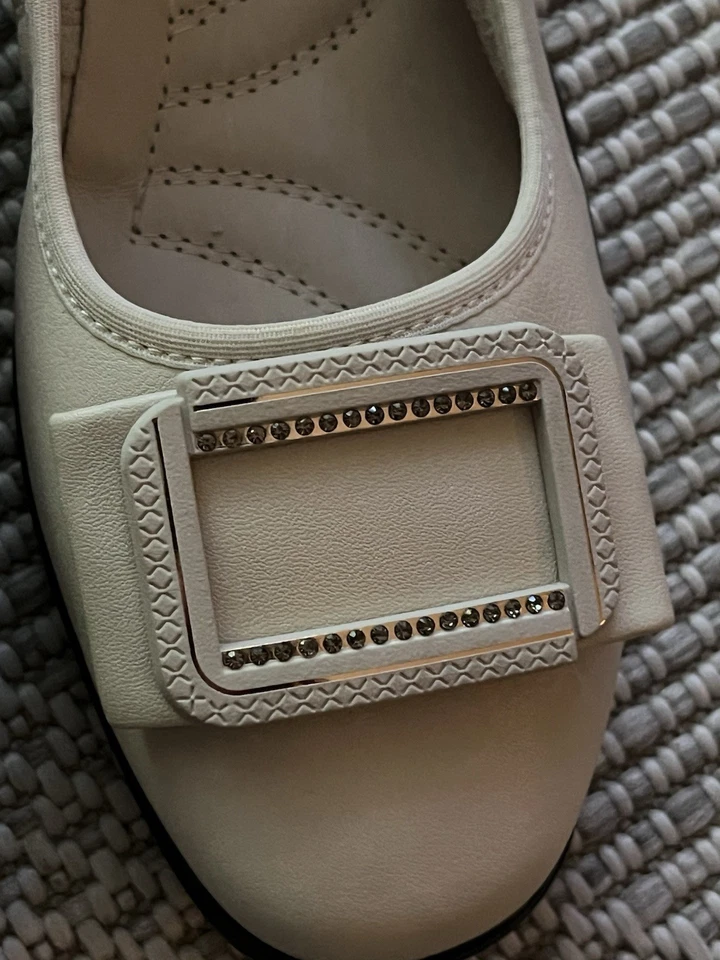 CHAUSSURES BEL CHOU'S P38 CUIR ECRU BOUCLE STRASS PETIT TALON COMPENSE NEUVES - Photo 4/4