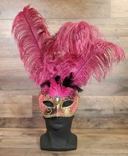 STUNNING ORIGINAL Venezia, ITALY Hand Painted PINK FEATHERS Masquerade Mask