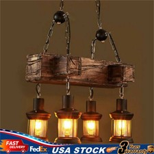 4-Light Chandelier Farmhouse Rustic Wood Island Ceiling Pendant Lamp Fixture