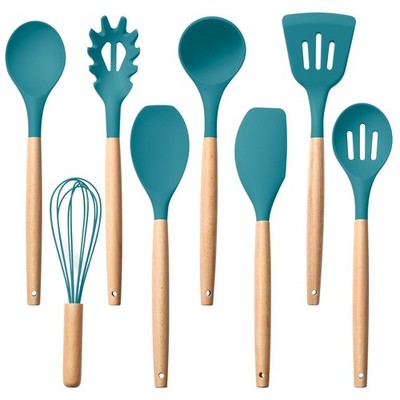 8 PCS Navy Blue Non Stick Silicone Kitchen Utensil Set Wooden Handle Spatula