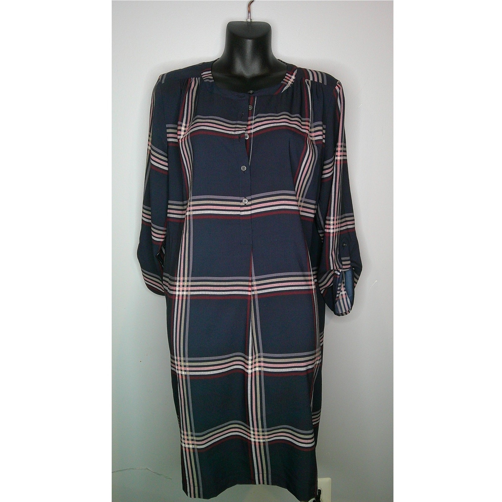 Ann Taylor Loft Navy Blue Plaid Shirt Dress Women's Med 3/4 Sleeves