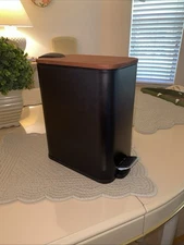 Slim Trash Can for Bathroom Black With Wooden Top Trash Can with Step Lid Opener