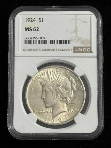 1924-P $1 PEACE SILVER DOLLAR "PHILADELPHIA MINT" NGC MS62