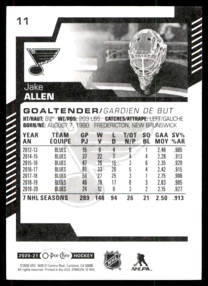 2020-21 O-Pee-Chee Jake Allen #11 - Image 2 of 2