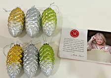 Gorgeous Set of 6 Holiday Pinecone Ornaments - Silver, Gold, Green - Glittery