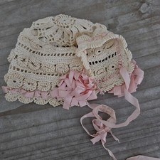Antique Crochet Newborn Bonnet White Pink Satin      Handmade Old Hat