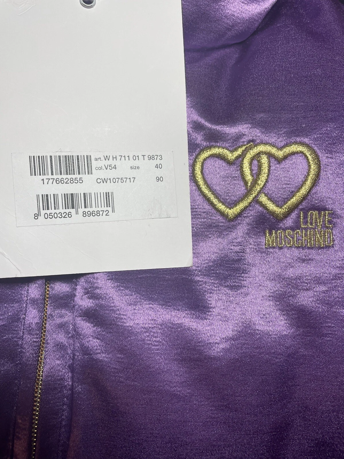 Love Moschino taglia 4 40 giacca donna viola ricamata cuore con cappuccio puffer