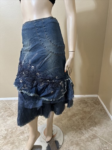 Women’s Blue Denim Cotton Casual Boho Bead Zip Embroidery Size S(4-6) Skirt 3352 - Picture 11 of 22