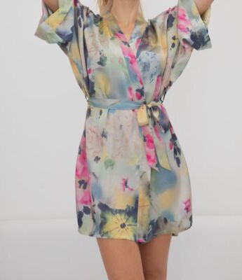 $455 Samantha Chang Women's Blue Koi Garden Classic Short Robe Size OS *NO TIE*