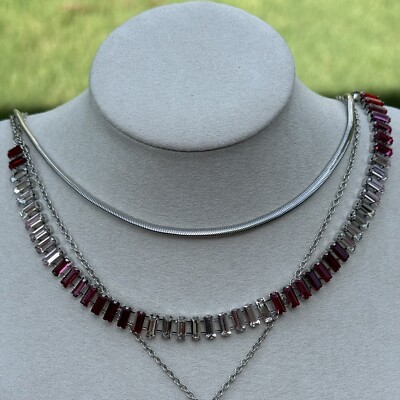 Express Art Deco Baguette Silver Tone Pink Jeweled Statement Necklace