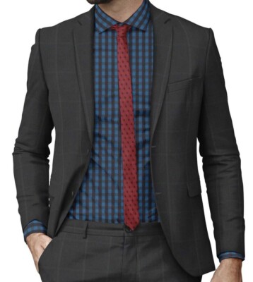 Mens Dark Gray Suit Cashmere Wool Windowpane Box Check Custom Made Wedding Suits