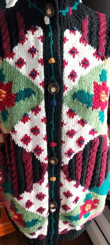 Vtg CAPE ISLE KNITTERS hand knit cardigan sweater oversized patchwork roses 90s - Picture 5 of 16