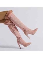 Stivali Scarpe Ginocchio Coscia 8 cm Rosa Camoscio Pelle Sintetica 10427