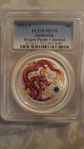 PCGS-MS70-2012-Australia-YEAR-OF-THE-DRAGON-Purple-Colorized-Lunar-1-Silver-1oz