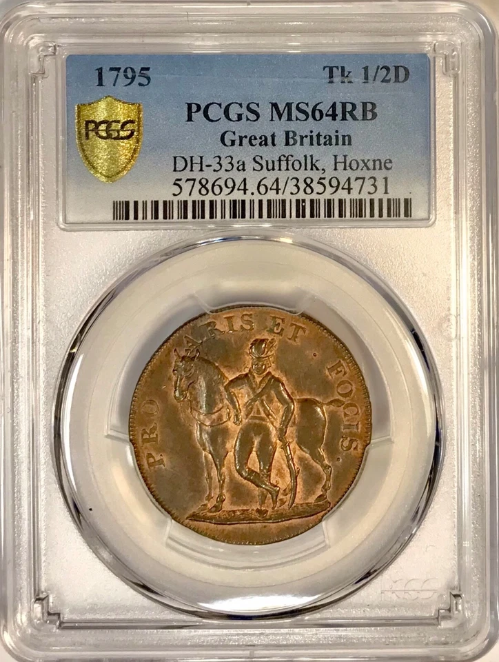 Moneda británica antigua grande de 1795 Gran Bretaña Inglaterra 1/2 centavo ficha graduación profesional MS64 RB Foto 4 de 4