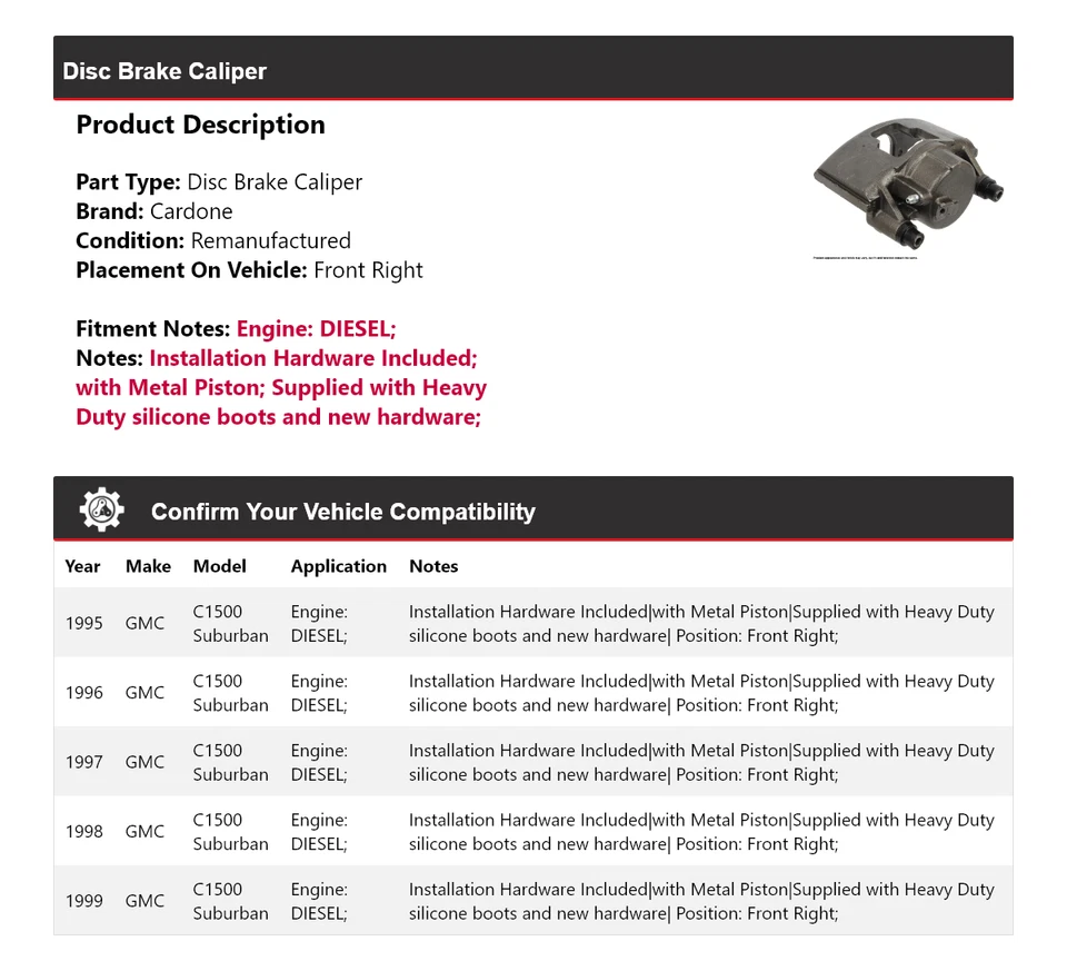 Pinza de freno de disco delantera derecha Cardone para GMC C1500 1995-1999 Suburban DIESEL Foto 2 de 4