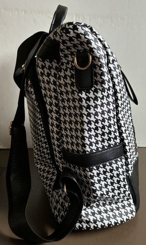 Faux Leather Black & White Houndstooth Backpack Purse shoulder strap handle - Picture 3 of 12