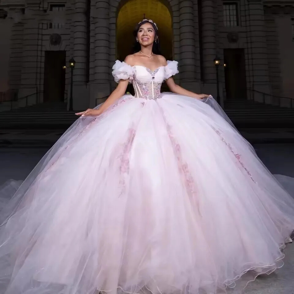 princess bridal quinceaera dresses Tulle Lace Appliqued Princess Off Shoulder Quinceanera Dresses for Swe Hebebridal