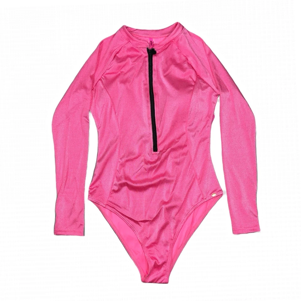 Betsy Johnson  BJOP-263 Womens 1 Piece Long Sleeve Scuba Zip Up Swimsuit Pink XL - Image 3 of 4