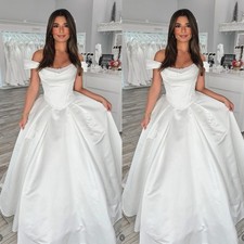 Satin Wedding Dresses Pearl Beading A Line Off Shoulder White Ivory Bridal Gowns
