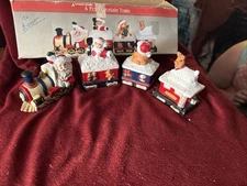 Christmas 4 Pc Porcelain Train 1996 Artmark Santa Mrs Claus Rudolph Original Box