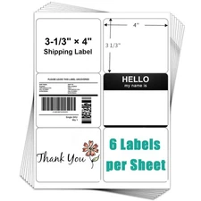 3-1/3" x 4" Shipping Address Labels 6 Per Sheet Self Adhesive Laser/Ink Printer