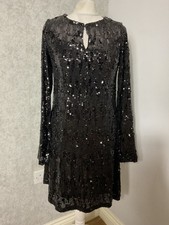 C&A black sequinned dress keyhole neck long sleeve S 8 10 party evening 70s look