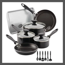Farberware 15PC Aluminum Cookware Set 350F Black Reliance Prestige Tools Pot Pan