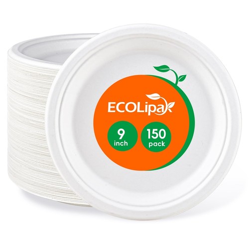 9 inch 150 Pack Compostable Paper Plates, Heavy Duty Disposable Biodegradable...
