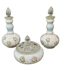 FENTON GLASS"CHARLETON"ROSES"MIST"TURNED OUT"PERFUME&POWDER"VANITY"VTG"HND PAINT