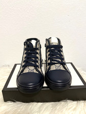Kid's Gucci high top sneakers with GG monogram canvas in cream and navy 8
