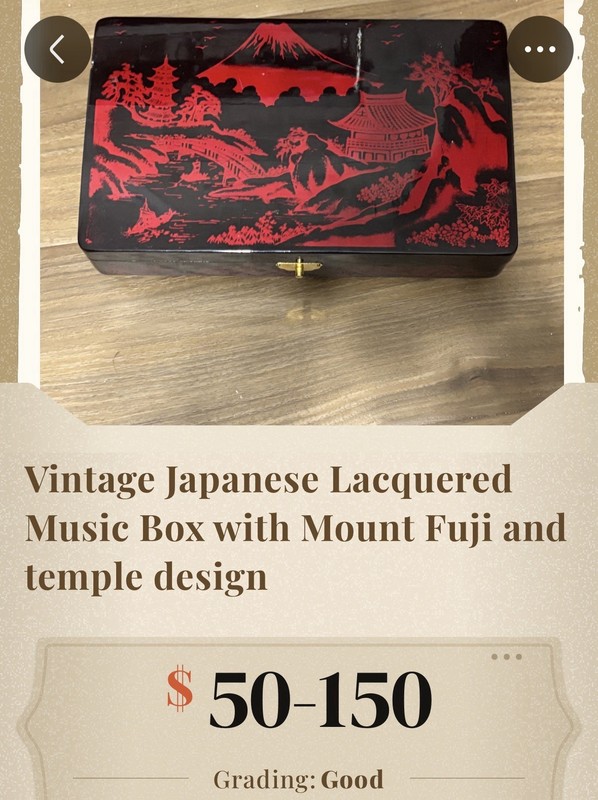 Vintage Japanese Lacquered Music Box with Mount Fuji & Temple Design