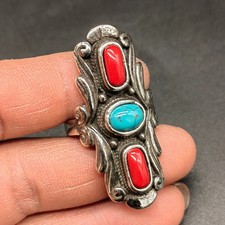 Men Nepal Vintage Tibetan Silver Inlaid with Three Beads Ring