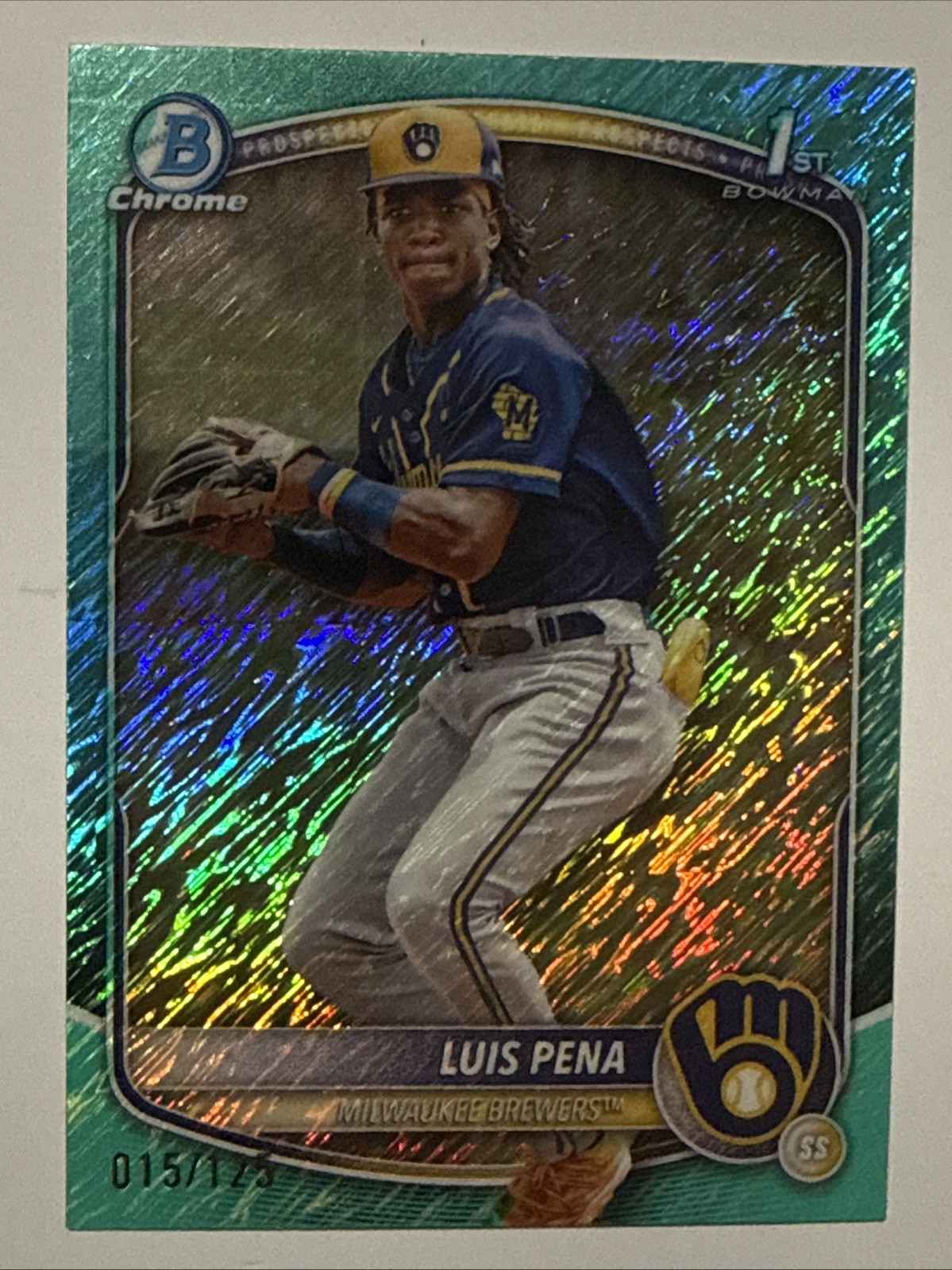 LUIS PENA 2025 Bowman Chrome Aqua Shimmer 1st Prospect /125 Brewers