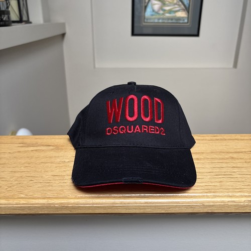 DSquared2 Black & Red Wood Logo Distressed Hat Cap - Brand New - Authentic
